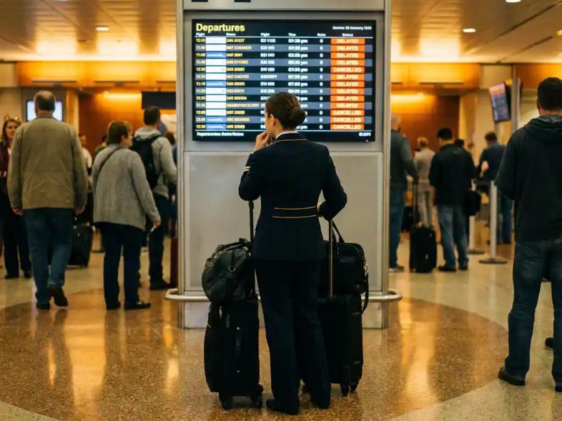 Airline crew member in uniform checking a departure board displaying multiple delayed flights at a busy airport gate.