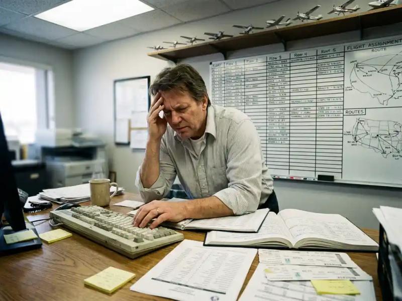 Weary operations manager at cluttered desk reviewing crew schedules, surrounded by flight documents, with a whiteboard of assignments behind them.
