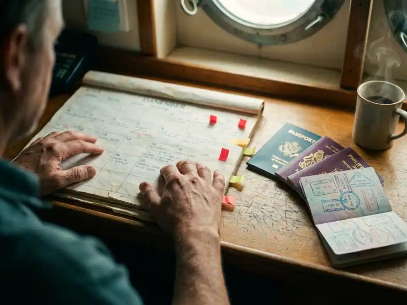 Maritime officer reviewing international passports and calendar with visa stamps, planning seafarer schedule under warm office light.
