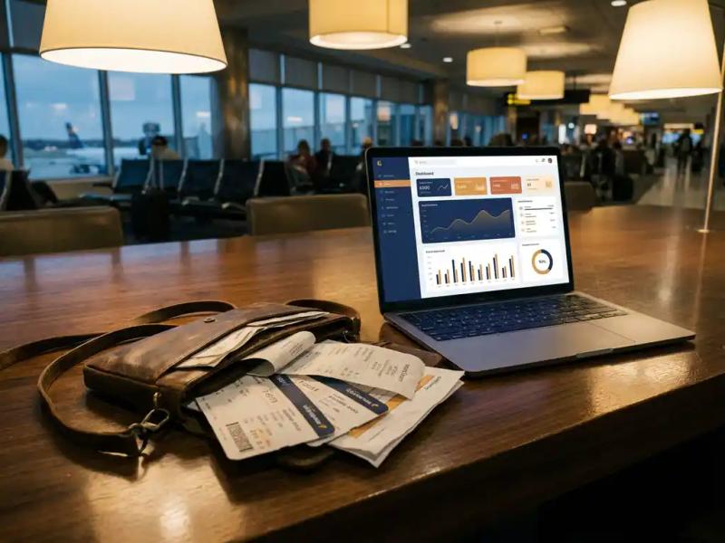 Worn leather travel wallet with boarding passes and hotel receipts spread on airport lounge table beside open laptop showing analytics dashboard.