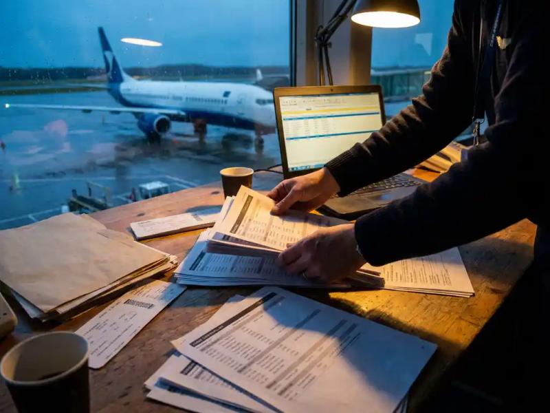 Crew controller rearranging flight itineraries on an airline operations desk, with a grounded aircraft visible through the window behind.