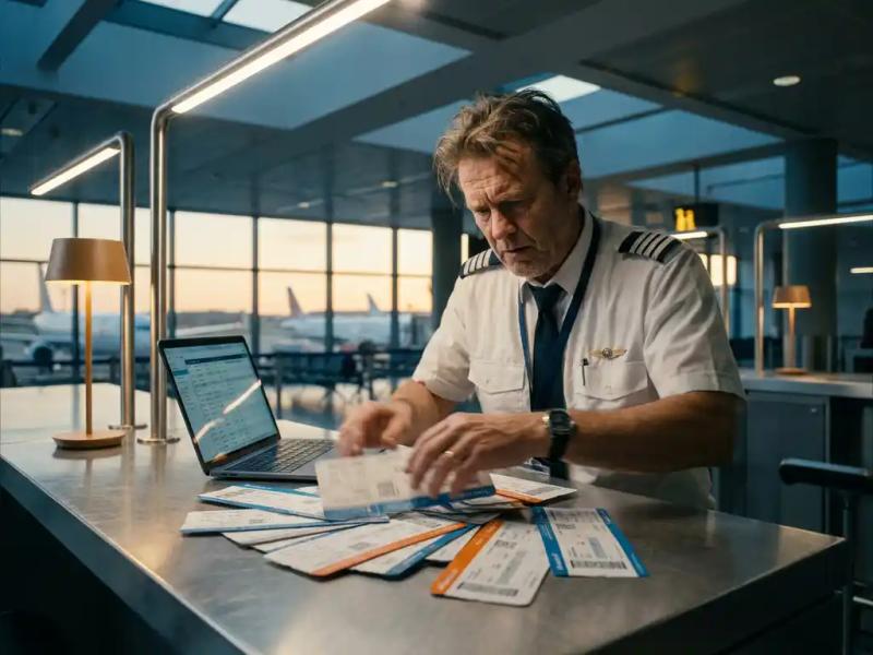 Stressed airline operations manager sorting boarding passes at airport gate desk with laptop, grounded planes visible through terminal windows.