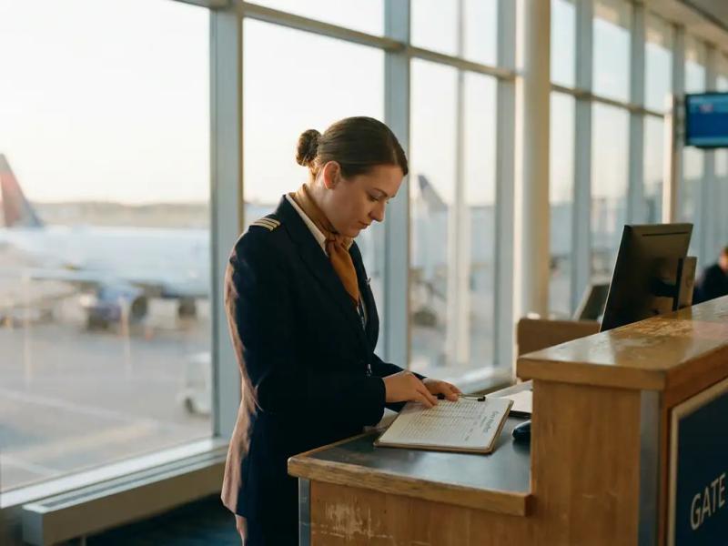Airline operations manager reviewing crew travel manifest on clipboard at gate desk, commercial aircraft visible through terminal windows in golden afternoon light.