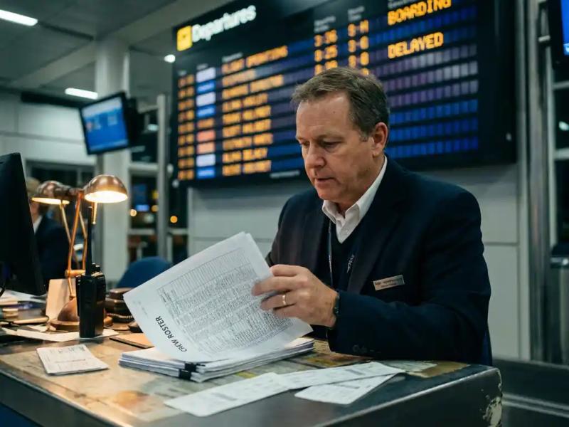 Flight operations manager at gate desk holding printed crew roster, boarding passes and radio nearby, warm amber terminal lighting.