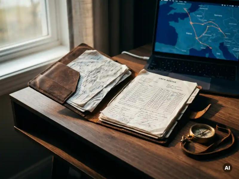 Worn leather travel dossier open on a modern desk with flight itineraries, compass, and crew roster beside a glowing laptop showing route maps.
