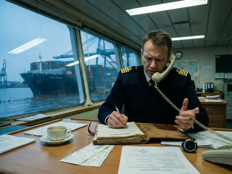 Ship's officer in uniform reviews crew manifest and speaks on phone at busy port terminal desk, cargo vessel visible at dawn through window.