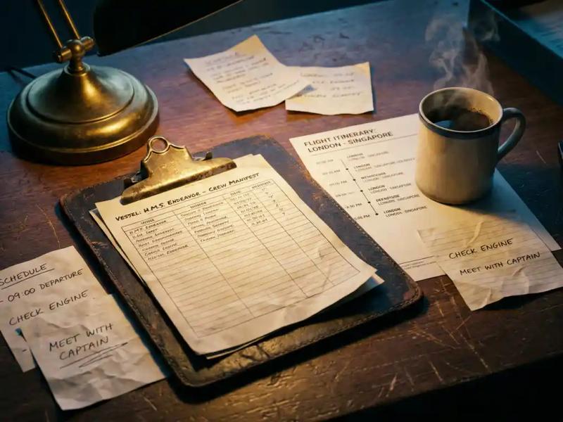 Worn leather crew manifest clipboard on a maritime operations desk beside a flight itinerary, coffee cup, and handwritten schedule notes in warm amber lamplight.