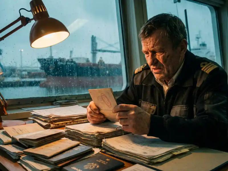 Fatigued port authority officer inspecting a red-stamped visa under lamplight, cargo ship visible through rain-streaked office window.