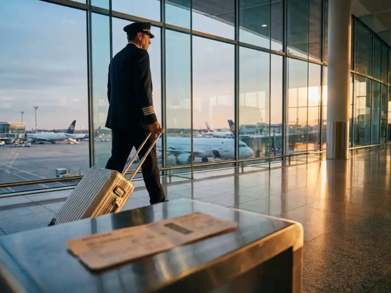 Airline crew member rolling carry-on luggage through a sunlit airport terminal with departure gates and aircraft visible through floor-to-ceiling windows.