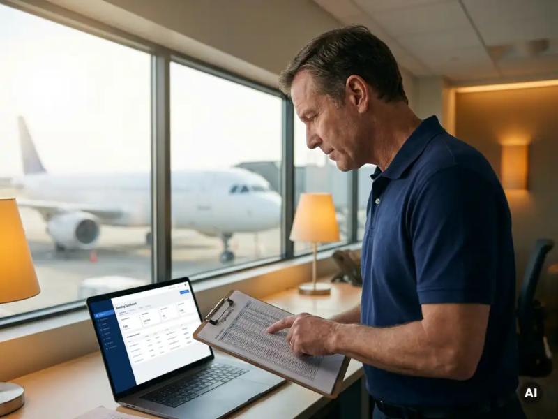 Crew operations manager cross-checking a flight manifest on a clipboard against a booking dashboard laptop in an airport operations office.