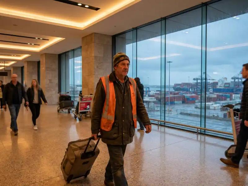Weathered seafarer in a high-visibility vest pulling luggage through an airport terminal, container ship visible through rain-streaked windows.