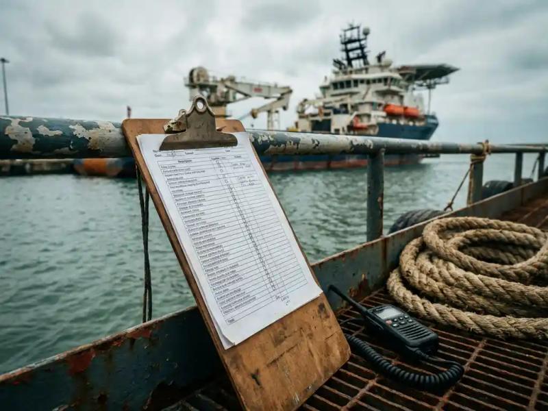 Weathered clipboard with inspection checklist on a ship's metal railing, offshore supply vessel blurred across grey harbor water.
