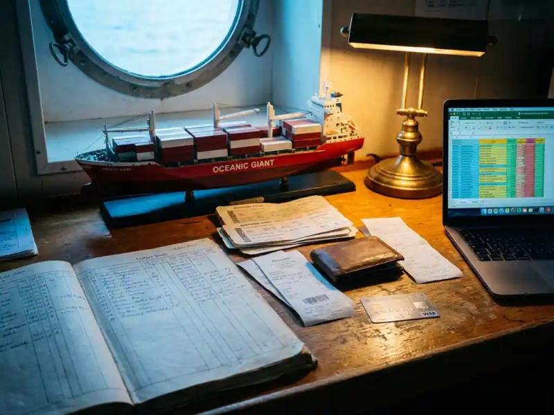 Cargo ship model on a maritime desk beside an open ledger and laptop displaying spreadsheet data, with scattered receipts and a credit card.