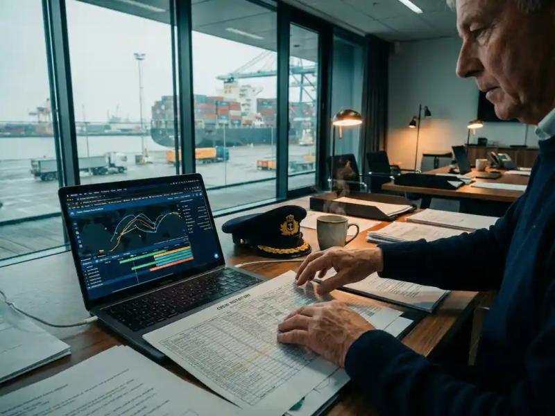 Maritime logistics coordinator arranging crew rotation schedules at a port authority desk, cargo vessel visible through harbor windows.