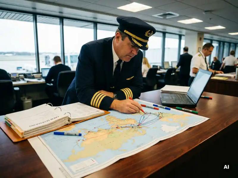 Airline pilot in uniform reviewing a world map with colored flight routes at an airport operations desk alongside a crew scheduling binder.