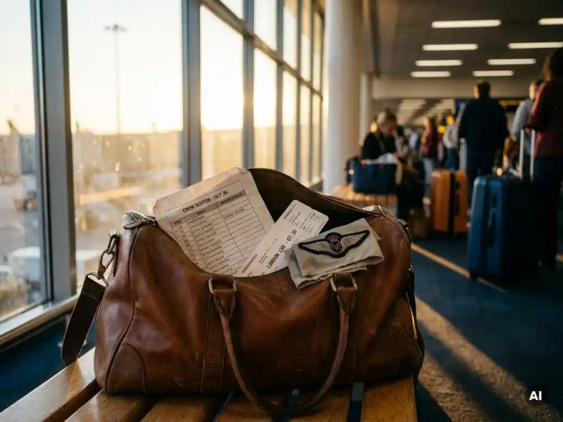 Worn leather travel bag open on an airport bench with crew roster, boarding pass, and uniform patch in warm golden terminal light.