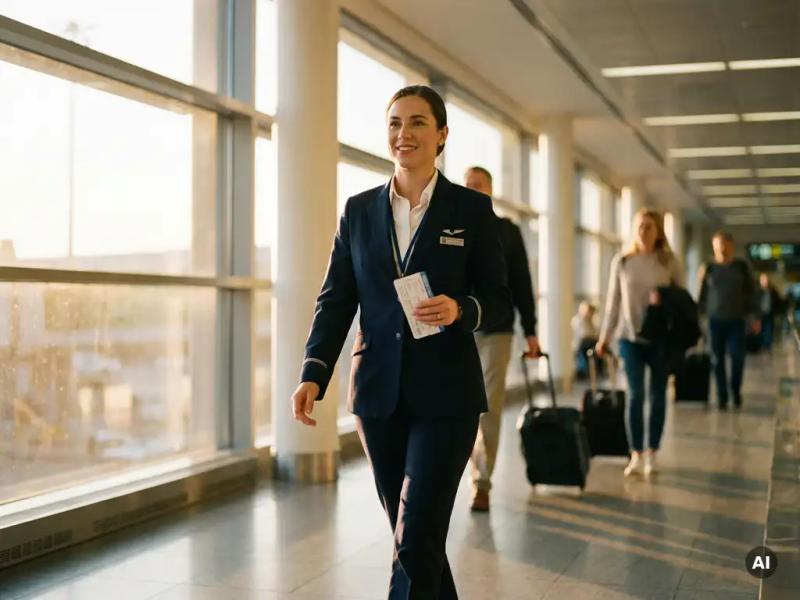 Airline crew member in navy uniform walking confidently through a sunlit airport terminal, boarding pass in hand.