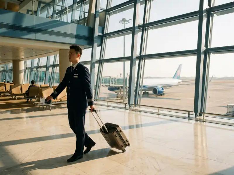 Airline crew member rolling carry-on luggage through airport terminal, holding hotel keycard and boarding pass, aircraft visible on tarmac in golden afternoon light.