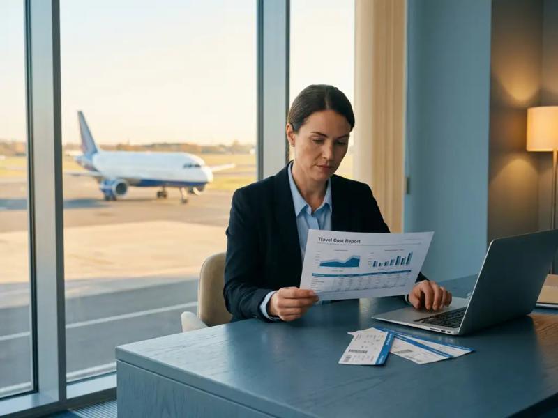 Finance professional reviewing printed travel cost report at modern desk, commercial airplane visible through office window, boarding passes and laptop nearby.