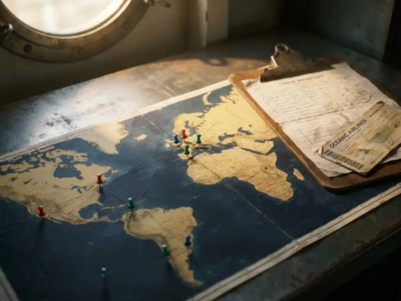Weathered nautical chart on a steel desk with colored pins marking global ports, crew manifest clipboard, and boarding pass in warm amber light.