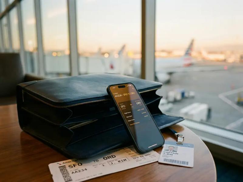 Pilot's open flight bag on airport lounge table with smartphone showing itinerary, boarding pass, and crew ID in warm morning light.