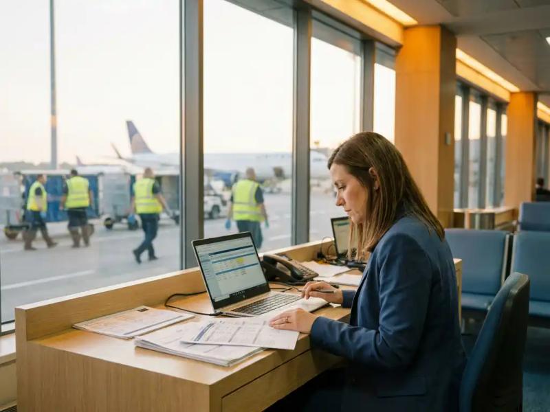 Crew travel coordinator reviewing printed flight schedules at an airport operations desk, golden-hour light streaming through terminal windows behind.