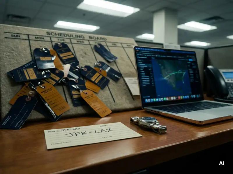 Pilot crew scheduling board with disorganized flight tags and a fallen route card beside a wristwatch and laptop showing flight maps.