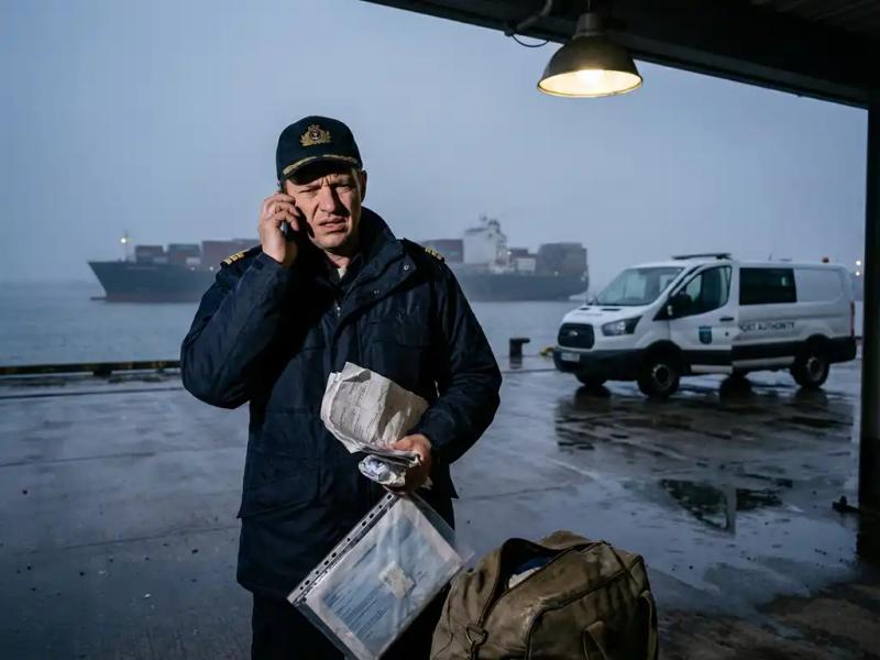 Frustrated merchant navy officer in uniform on a rainy port dock at dusk, cargo ship anchored offshore in misty background.