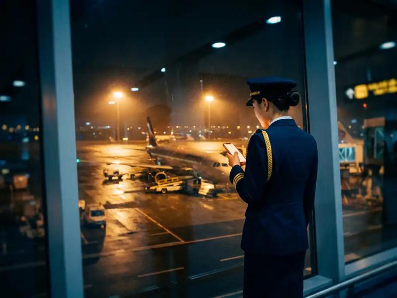 Airline crew member in uniform standing at airport terminal window at night, holding glowing smartphone, aircraft visible on floodlit tarmac below.