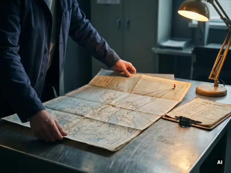 Airline operations manager reviewing a sparse flight route map on a steel desk, red pin marking a remote destination, crew roster clipboard nearby.