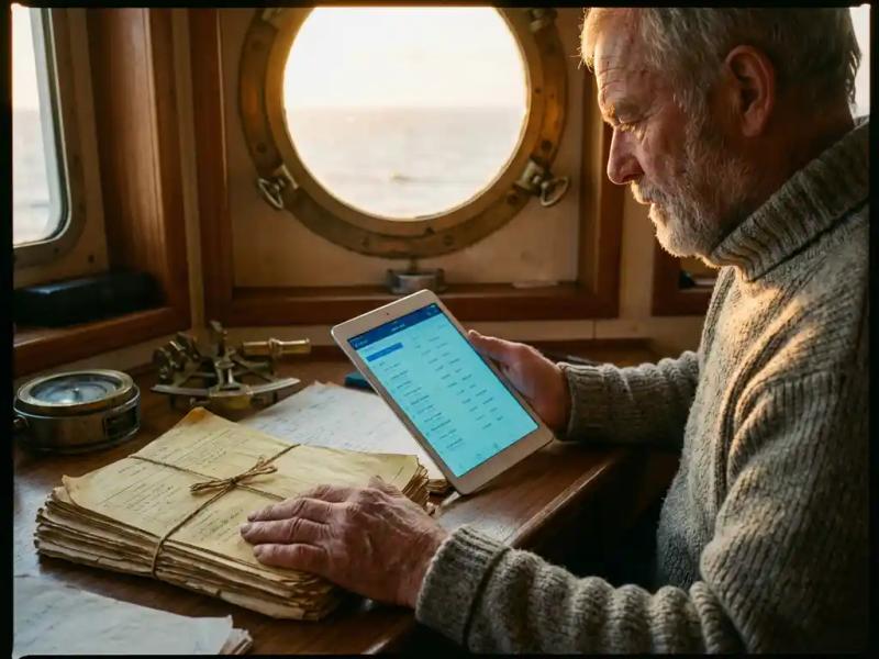 Maritime officer comparing paper crew manifests with digital tablet in a ship's navigation room, ocean visible through porthole.