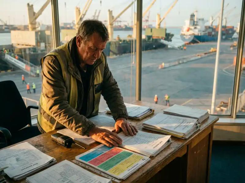 Senior port coordinator reviews ship manifests at scheduling desk, cargo vessels and dock crew visible through office window behind him.