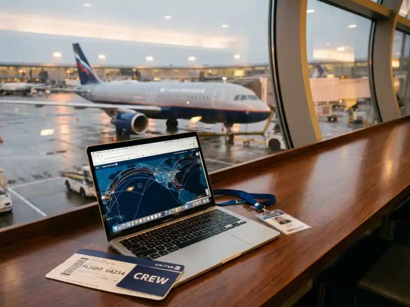 Laptop showing flight route dashboards on airport lounge desk beside boarding pass and crew ID badge, commercial aircraft visible through panoramic windows.