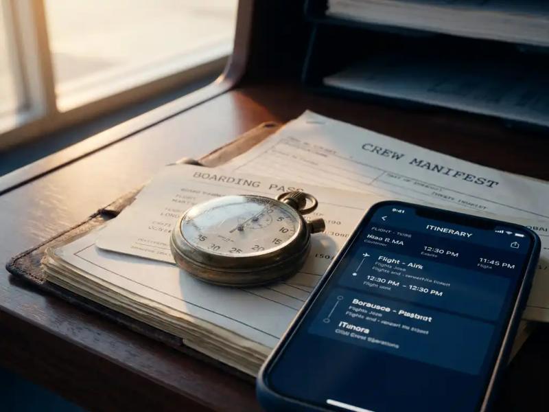 Worn analog stopwatch resting on a crew manifest and boarding passes beside a smartphone showing a travel itinerary on an airport operations desk.