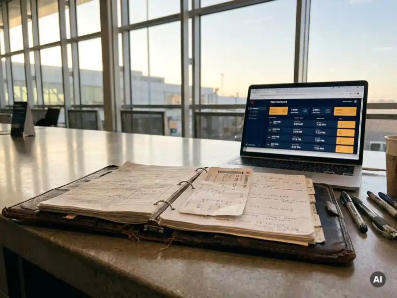 Worn leather crew scheduling binder open on an airport operations desk beside a laptop showing a flight dashboard, bathed in warm afternoon light.