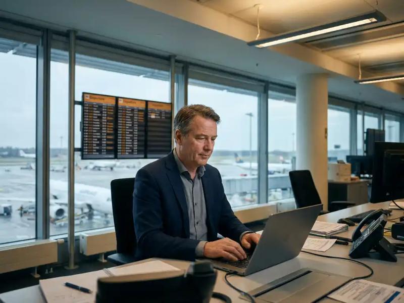 Flight operations manager rerouting crew assignments on a laptop at an airport operations desk, departure boards and aircraft visible through floor-to-ceiling windows.