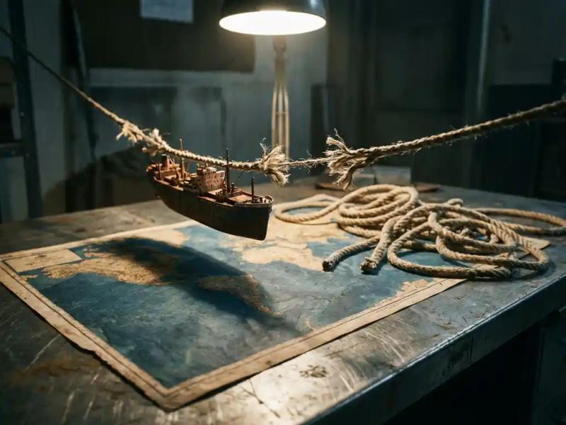 Fraying rope suspending a cargo ship model over an ocean map on a steel desk, cut ropes coiled nearby, dramatic overhead lighting.