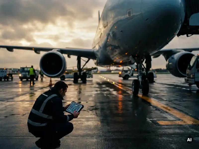 Airline crew member reviewing flight schedules on a tablet beside a commercial aircraft on a rain-slicked tarmac at dusk.