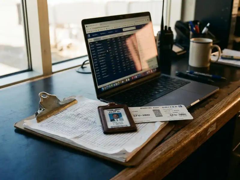Pilot ID badge and boarding pass overlapping a crew roster clipboard and laptop showing flight itineraries on an airport operations desk.