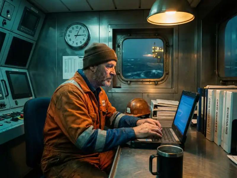 Offshore crew member completing a crew change booking on a laptop inside a rig operations room late at night.