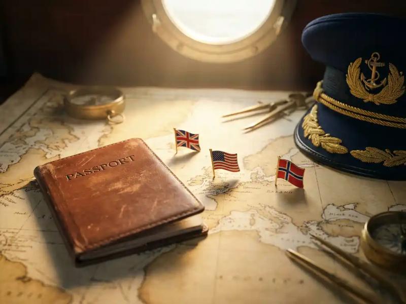 Open leather passport on a nautical chart with three national flag pins marking ports, beside a captain's braided cap, lit by warm porthole light.