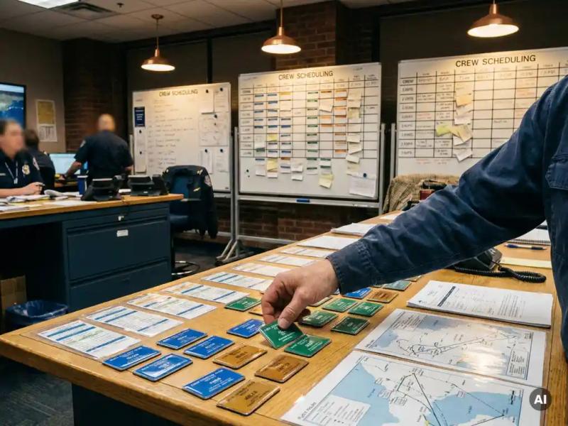 Dispatcher organizing color-coded crew badges on airport scheduling boards with overlapping shift cards and flight routes under warm task lighting.