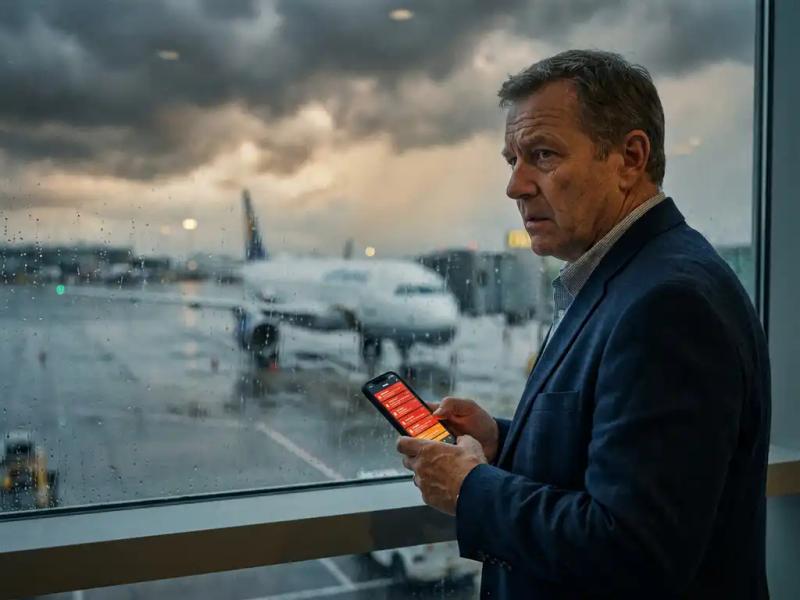 Flight operations manager checking urgent alerts on smartphone at rain-streaked terminal window, grounded aircraft visible on stormy tarmac below.