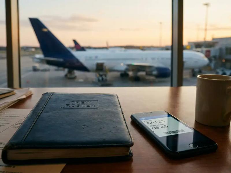 Leather-bound crew roster beside a smartphone showing a confirmed flight itinerary on an airport operations desk, commercial aircraft visible through terminal window.