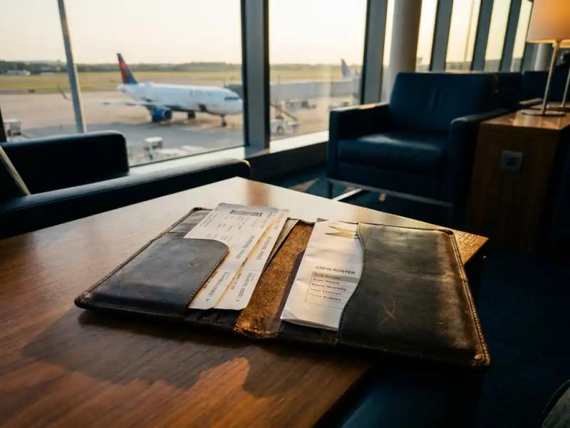 Leather travel portfolio open on airport lounge desk with boarding passes and crew roster, commercial aircraft visible through window in golden afternoon light.