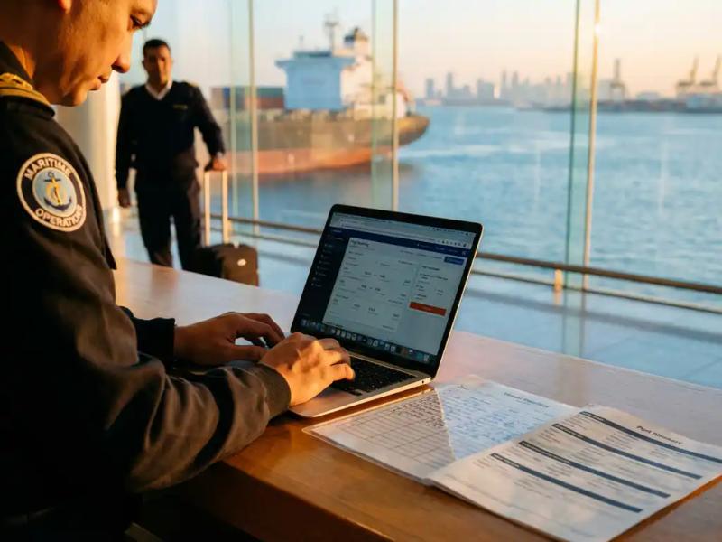 Maritime officer urgently booking flights on laptop at airport terminal desk, cargo ship visible through window behind crew member with luggage.