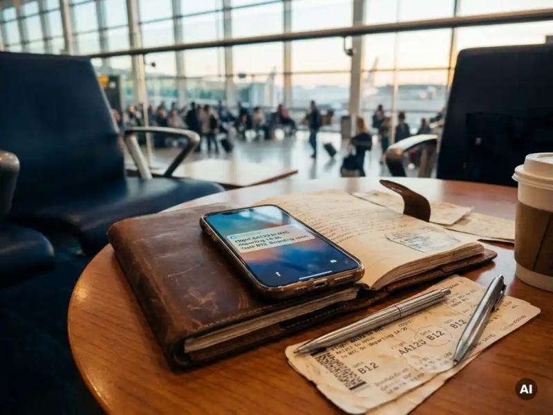 Worn leather travel planner open on airport lounge table with smartphone showing flight itinerary, boarding passes and pen scattered nearby.