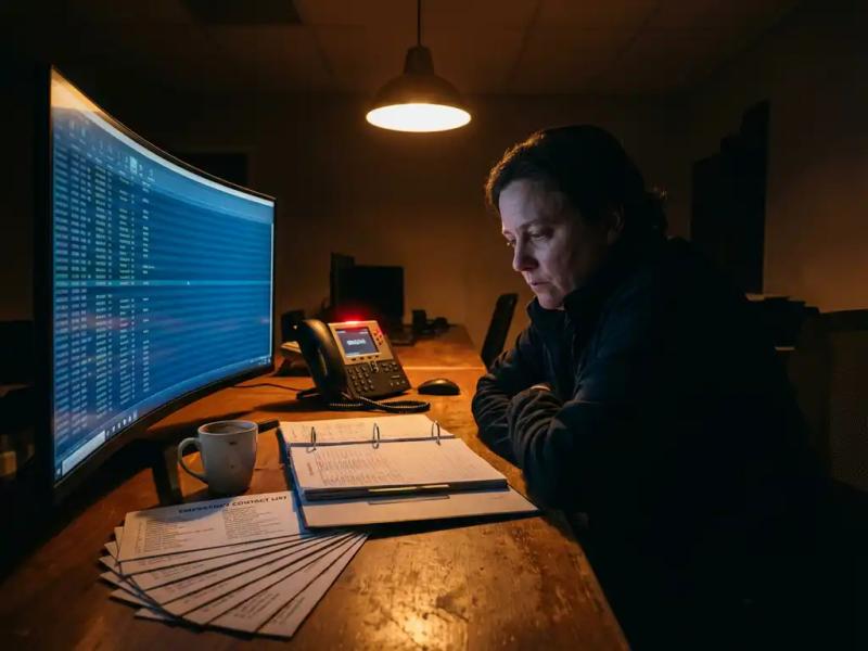 Airline operations manager at dimly lit control room desk at 2 AM, blue flight-tracking monitor glowing beside a ringing phone and open crew roster binder.