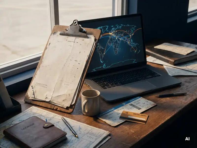 Worn crew roster clipboard beside a laptop displaying flight routes, with a boarding pass and hotel keycard on an airport operations desk.