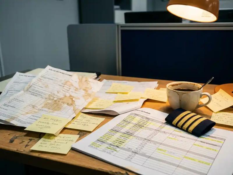 Cluttered airline operations desk with crumpled booking forms, sticky notes, crossed-out flight schedule, crew epaulette, and overflowing coffee cup under warm lamp light.